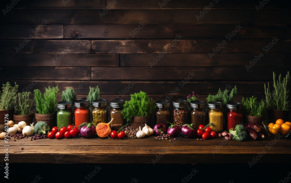 Variety of spices and herbs in jars on wooden background. Food background