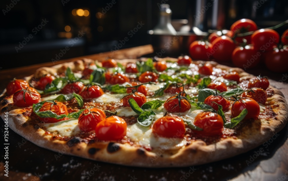 Pizza with mozzarella, cherry tomatoes and basil. Italian cuisine