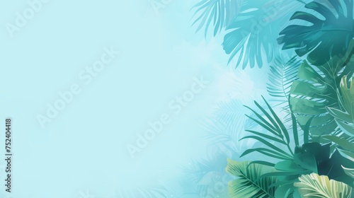 Blue and green summer background with copy space, blue and green illustration of tropical leaves on a blue template banner