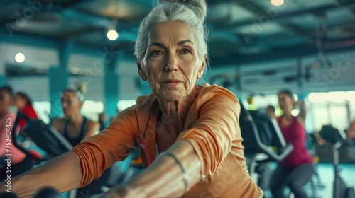 Senior Woman Exercising in Fitness Class, empowered senior woman with grey hair engaging in exercise on an indoor cycling machine, surrounded by a diverse group