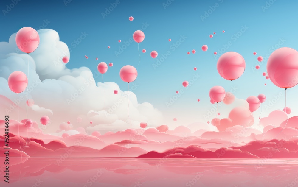 Pink balloons floating in the sky. 3D Rendering, 3D illustration.