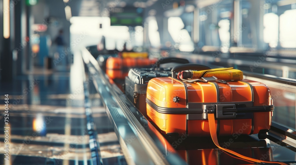 Luggage on Conveyor at Airport, baggage and luggage in the international airport, Bright orange suitcase stands out among black bags on a moving conveyor belt in a sunlit airport terminal, symbolizing