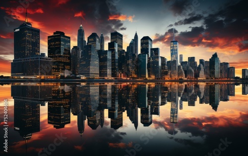 Shanghai skyline at sunset with reflection in Huangpu river.