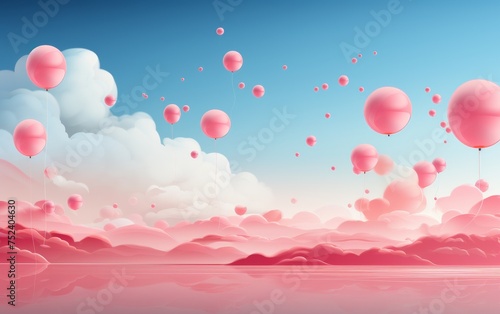 Pink balloons floating in the sky. 3D Rendering, 3D illustration.