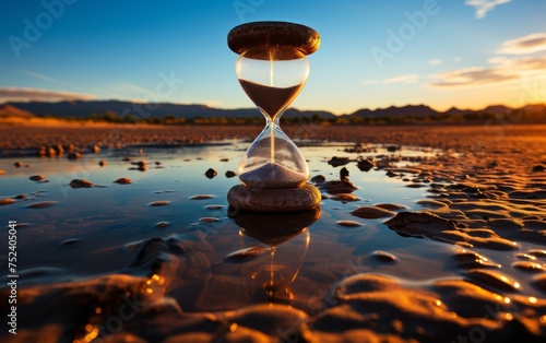 Hourglass on the sand in the desert. Concept of time passing.