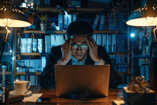 Overtired and overwhelmed businessman at workplace inside office, man took off glasses rubbing eyes, dizziness migraine and headache, man in business suit working late with laptop, Generative AI photo
