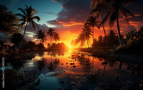 Tropical beach at sunset with palm trees and reflection in water