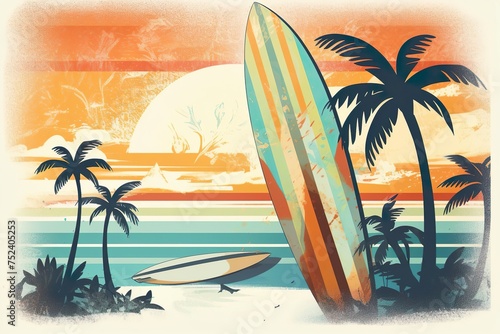 A surf retro inspired summer design on a tree palm island