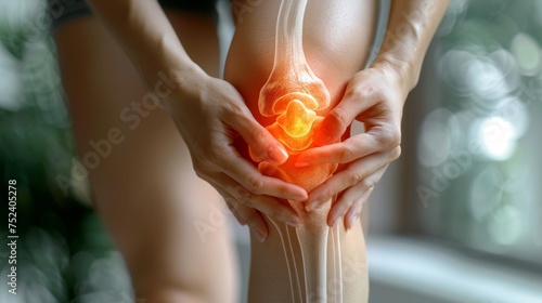Hip joint pain, osteoarthritis woman at home, health problems concept, BeHealthy photo