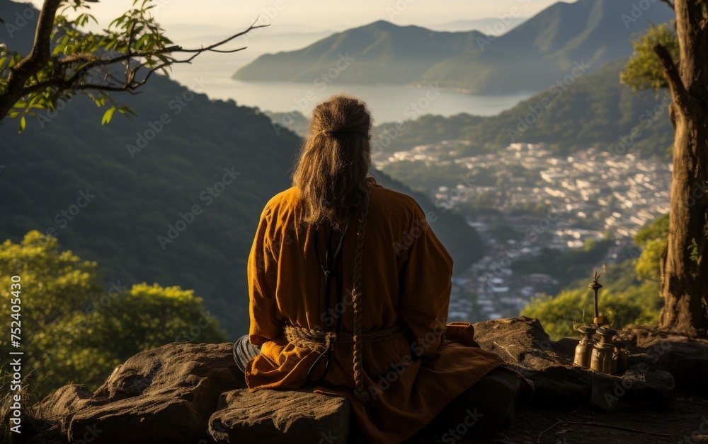 Buddhist monk sitting on the mountain and looking at the city