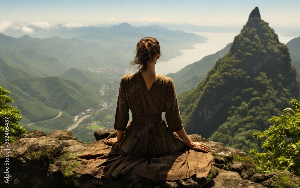 Young woman meditating on the top of a mountain in the morning