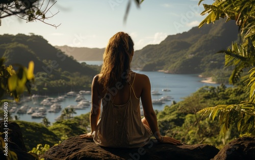 Young woman sitting on the edge of a cliff overlooking the sea and mountains.