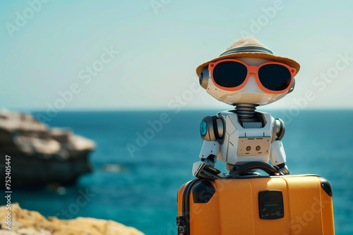 cute robot with sunglasses and hat with his suitcase at the seaside