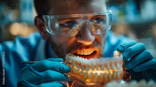 In a dental laboratory, a dental technician uses an articulator photo