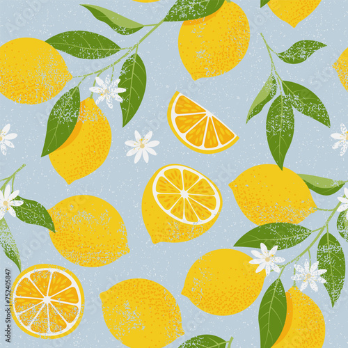 Tropical seamless pattern with lemon branches and slices. Citrus Fruits. Vector Illustration in vintage flat style