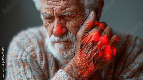 Old man with pain and rheumatism looking miserable in excruciating hand ache. He has a painful wrist colored in red. Health issues problems. photo