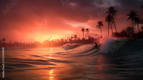 A surfer riding a wave during a vibrant sunrise © Michel 
