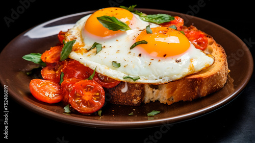 sandwich with eggs  fried egg  tomatoes and arugula on wooden background  close up