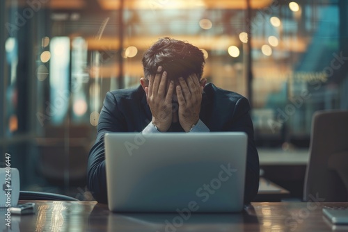 Depression at workplace, businessman disappointed with achievement results sad in despair inside office, man in business suit unhappy working with laptop, Generative AI photo