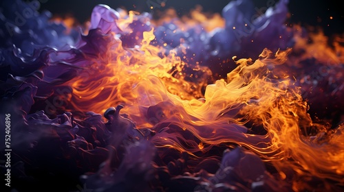 Electric violet and molten gold liquids clash, generating a vibrant burst of energy that paints the air with abstract patterns of astonishing beauty. HD camera captures 