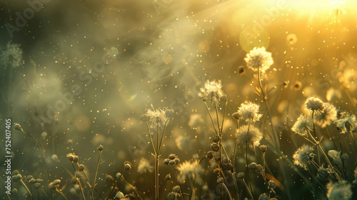 Flower field. Flower pollen in the air. Flowering and spring allergies concept. photo