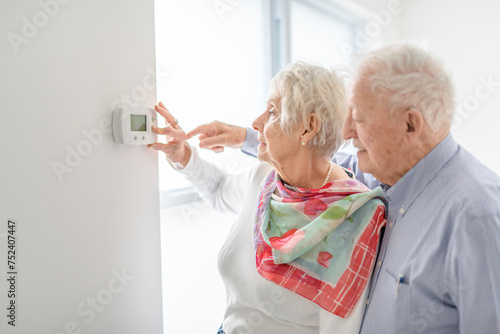 senior lady posing at home portrait close to a window using thermostat