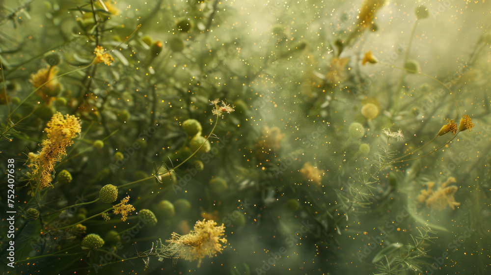 Flower field. Flower pollen in the air. Flowering and spring allergies concept. - obrazy, fototapety, plakaty 