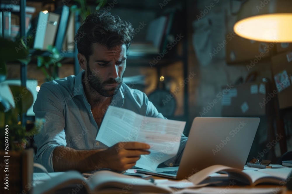 Serious and upset businessman checking and analyzing documents financial reports, thinking hispanic man reviewing contracts on paper work, man inside office at workplace with laptop, Generative AI