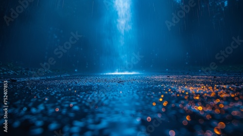 Focused product showcase background. Clean photography studio. Abstract blue background with neon beams and reflections in the asphalt. photo