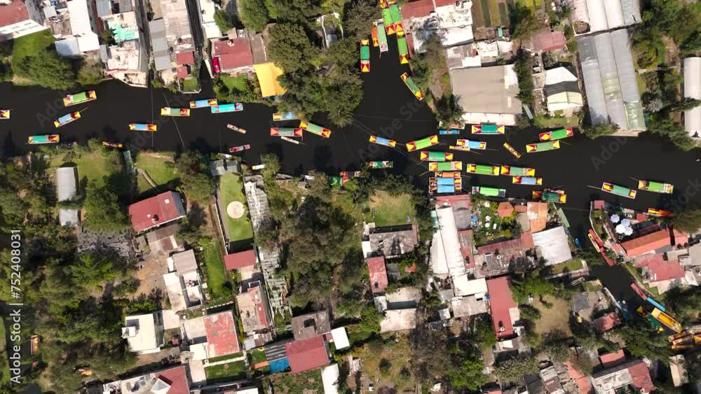 Overhead perspective of a dock in the Xochimilco district of Mexico City Overhead perspective of a dock in the Xochimilco district of Mexico City