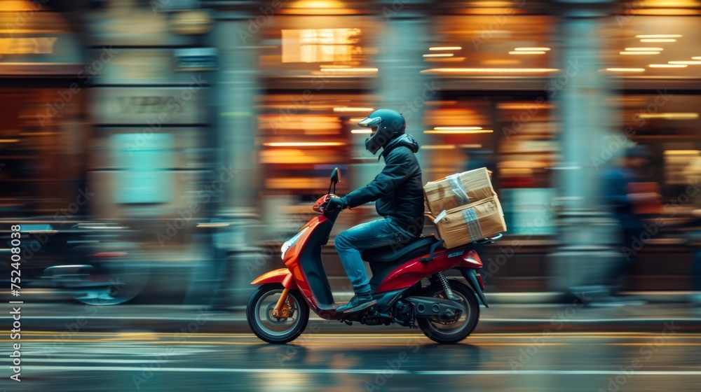 Panning Effect Photography: A delivery man delivering parcels on his scooter bike
