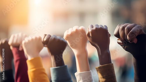 Raised fist of different skin colors, Fight against racism and racial discrimination, Promotion of Equality diversity inclusion affirmative action photo