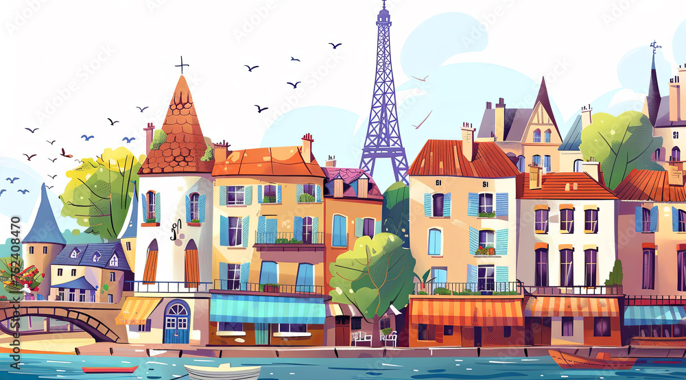 Obraz premium living in France, old town city illustration in cartoon style
