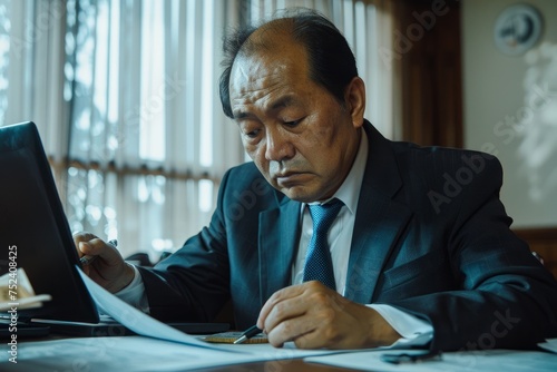 Serious thinking man behind paper work inside office, mature asian man in business suit filling data in table, writing with pen, businessman boss at workplace with, Generative AI