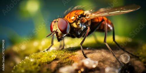 Comman fruit fly, Fruit Flies Farm their own Probiotics, Flesh Fly, BEAUTY OF INSECTS, A fly sits on a piece of food, Generative AI   photo