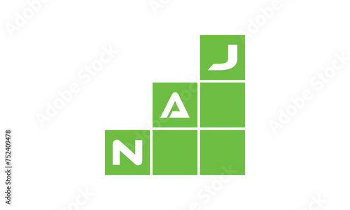 NAJ initial letter financial logo design vector template. economics, growth, meter, range,  profit, loan, graph, finance, benefits, economic, increase, arrow up, grade, grew up, topper, company, scale photo