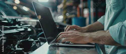 Mechanic with laptop analyzing car engine in modern workshop.