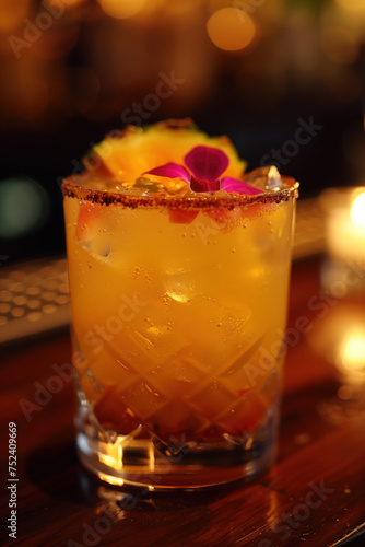 A tropical cocktail adorned with a flower garnish.