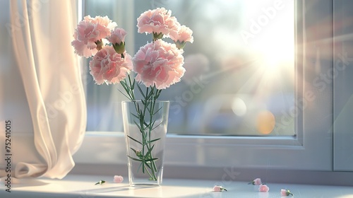 Glass vase decorated with light coloured carnations on the windowsill