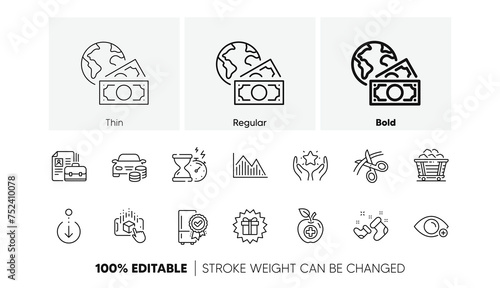 Santa boots, Coal trolley and Hourglass timer line icons. Pack of Medical food, Buy car, Scissors icon. Investment graph, Surprise gift, Certified refrigerator pictogram. Line icons. Vector