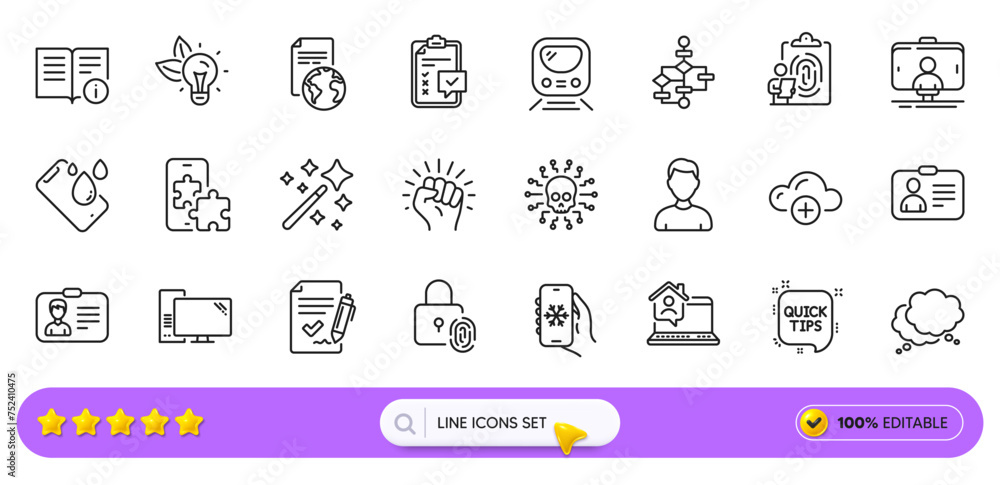 Smartphone waterproof, Block diagram and Fingerprint lock line icons for web app. Pack of Computer, Metro, Technical info pictogram icons. Checklist, Eco energy, Empower signs. Search bar. Vector Smartphone waterproof, Block diagram and Fingerprint lock line icons for web app. Pack of Computer, Metro, Technical info pictogram icons. Checklist, Eco energy, Empower signs. Search bar. Vector