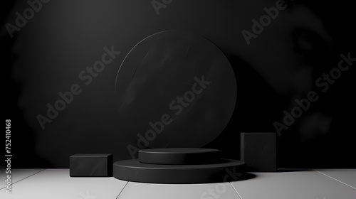 Black geometric Stone and Rock shape on Night Sky background, minimalist mockup for podium display or showcase