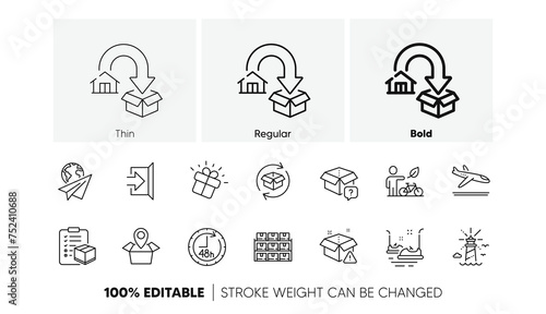 Boxes shelf, Delivery warning and Eco bike line icons. Pack of Lighthouse, 48 hours, Gift icon. Exit, Moving service, Bumper cars pictogram. Paper plane, Package location, Arrivals plane. Vector