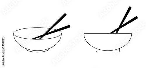 Cartoon bowl and eating chopsticks or Chinese chopsticks. In Chinese, chopsticks means kuizi. Food, sushi, noodles. Thai, Japanese or Asian cuisine. Restaurant tools. Kitchenware icon. photo