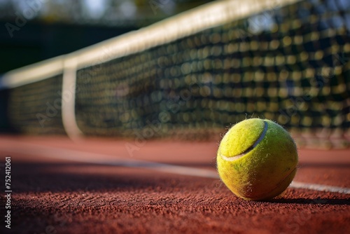 a tennis ball on a clay court