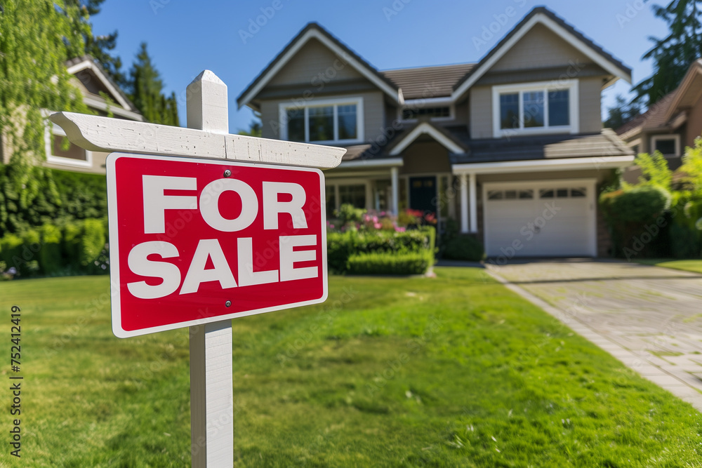 Residential real estate house property for sale sign outside home front entance Residential real estate house property for sale sign outside home front entance