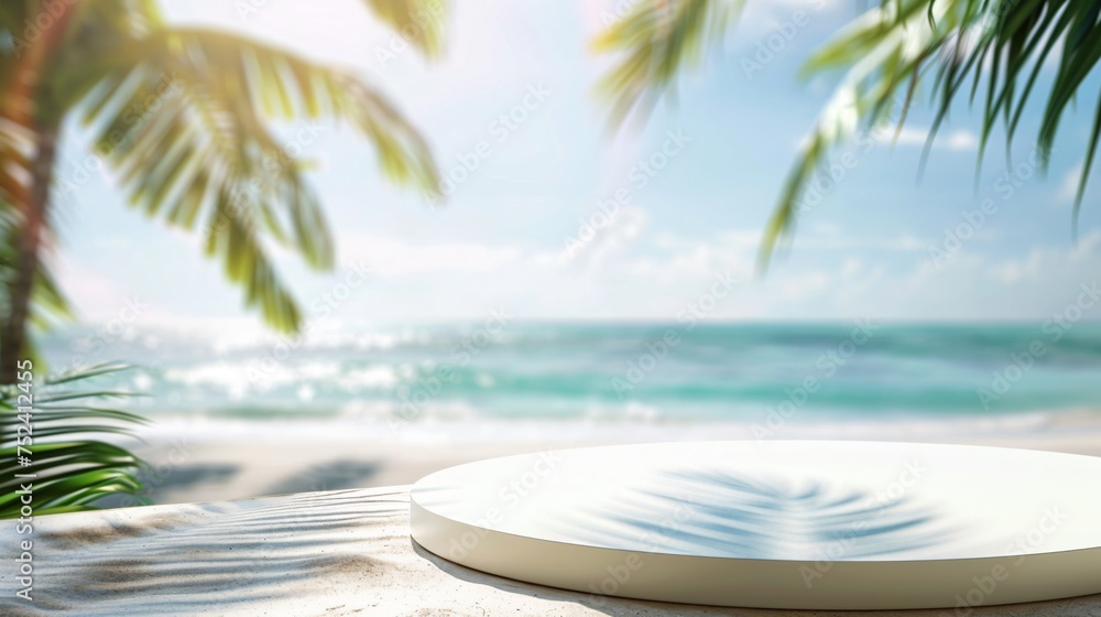 Obraz premium Bright white podium with a blurred sunny beach background perfect for summer essentials and holiday products