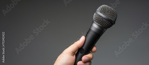 Journalist's hand holding microphone on grey background. photo