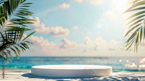 Bright white podium with a blurred sunny beach background perfect for summer essentials and holiday products