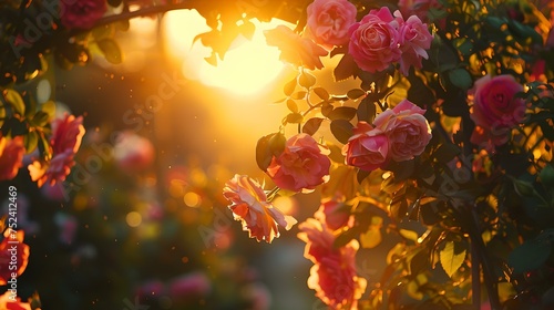 Golden sunlight piercing through lush rose bushes. morning dew on petals. perfect for nature-themed backgrounds. serene garden at sunrise. AI